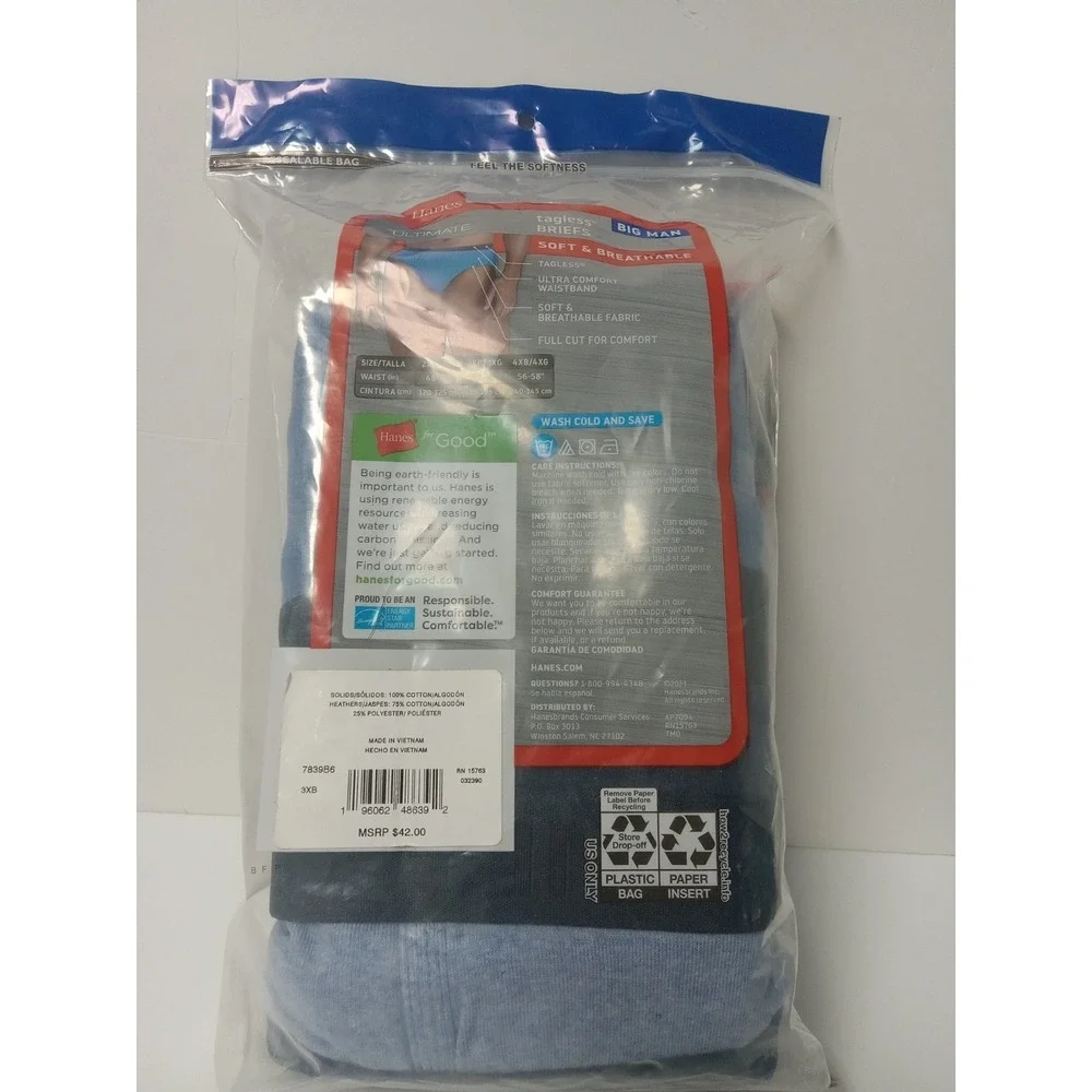 Hanes‎ Ultimate Men's 3XB Big Man Tagless Briefs Underwear 6 Pack Blue